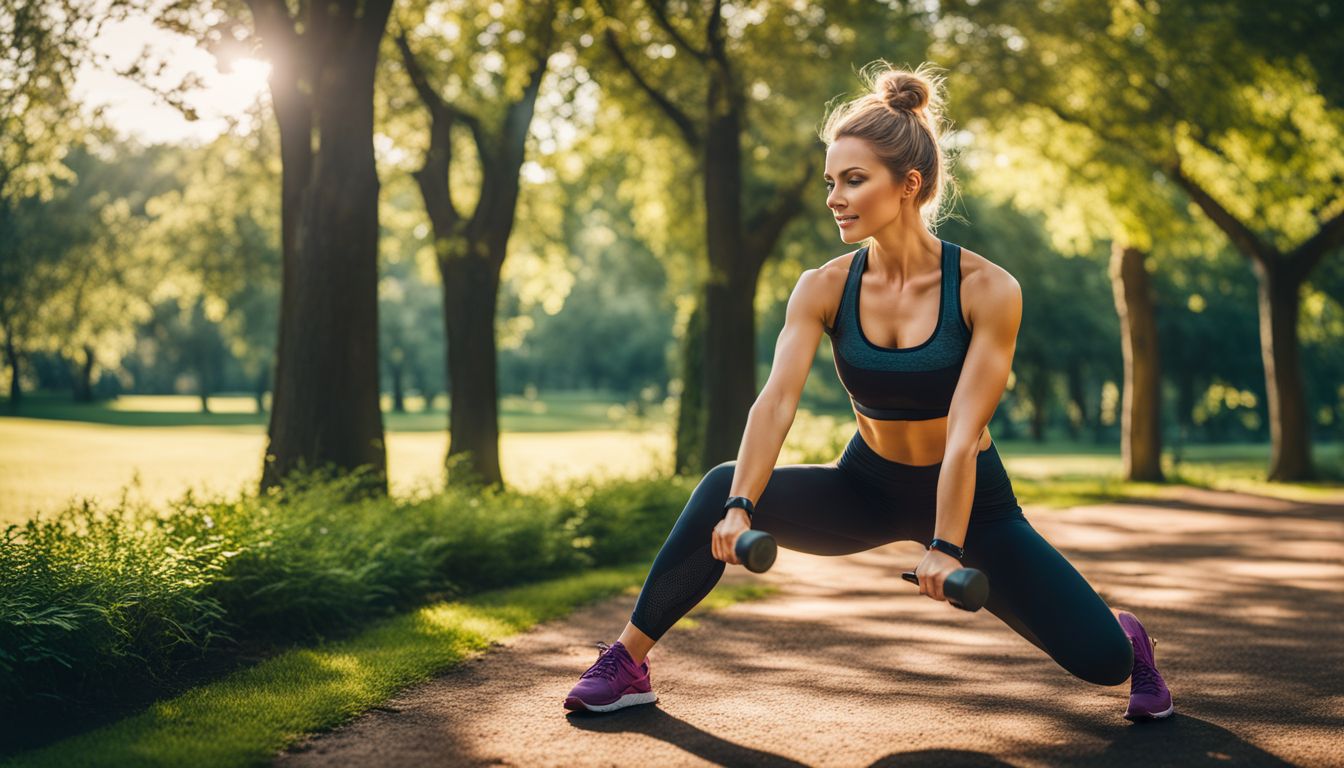 Woman exercising outdoors in park surrounded by lush greenery.