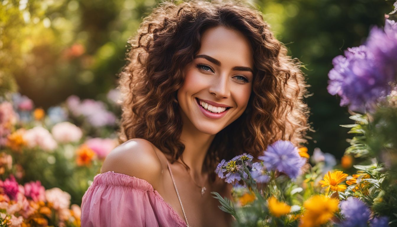 A person with a big smile surrounded by colorful flowers in a sunny garden.