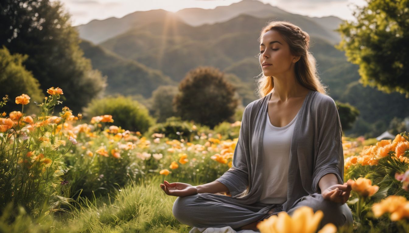 A person meditating in a beautiful garden surrounded by nature.