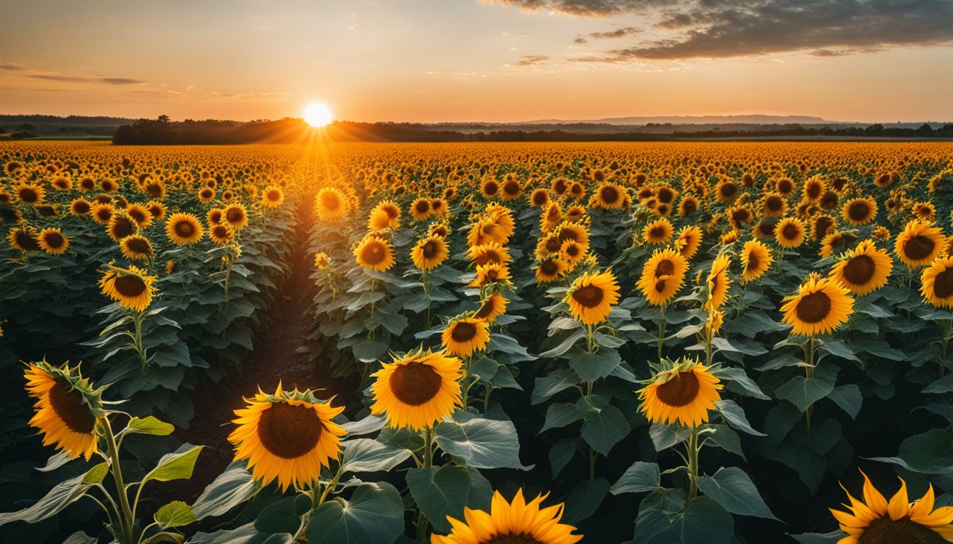 A photo of a field of sunflowers with diverse people and styles.