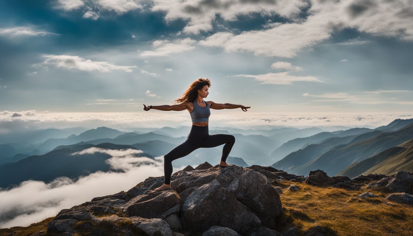 A person doing yoga on a mountaintop surrounded by clouds.