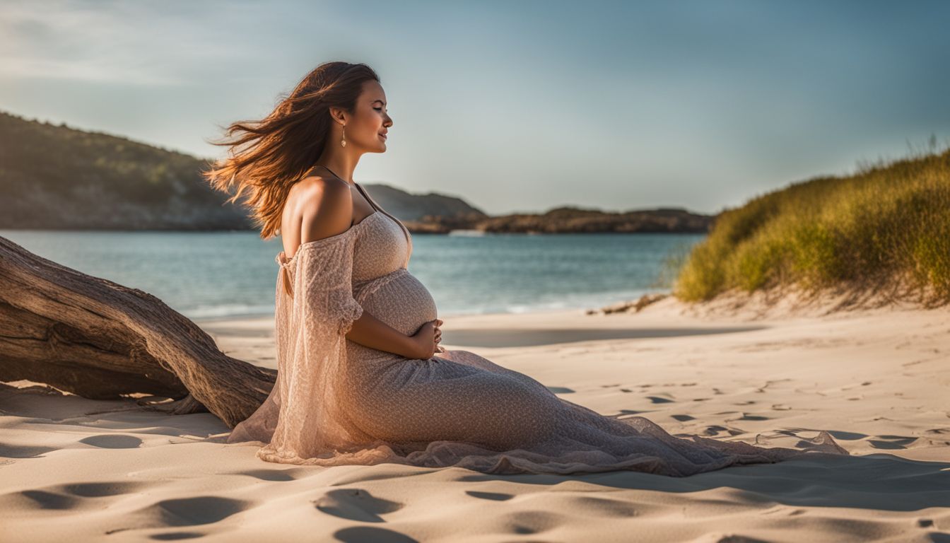 A beautiful pregnant woman enjoying the beach in various outfits and poses.