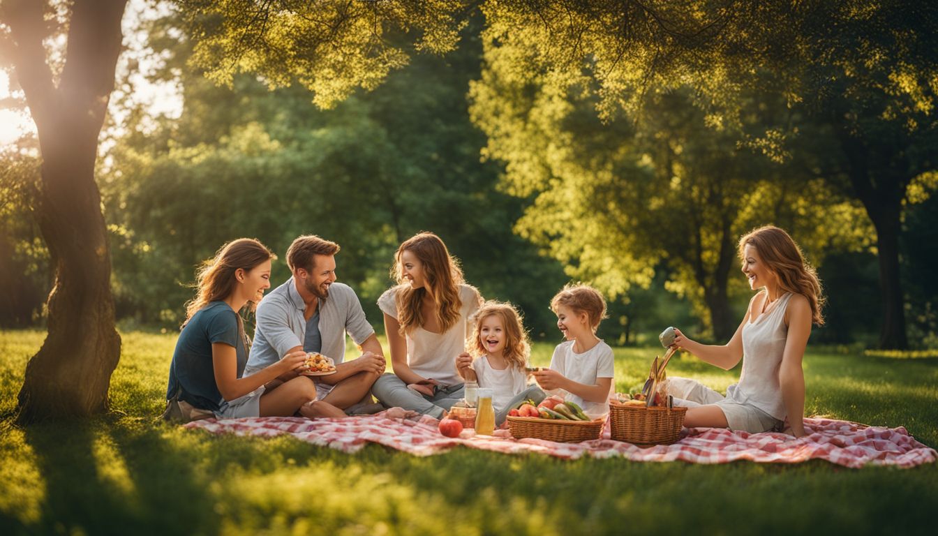 A diverse family enjoying a picnic in a beautiful park.