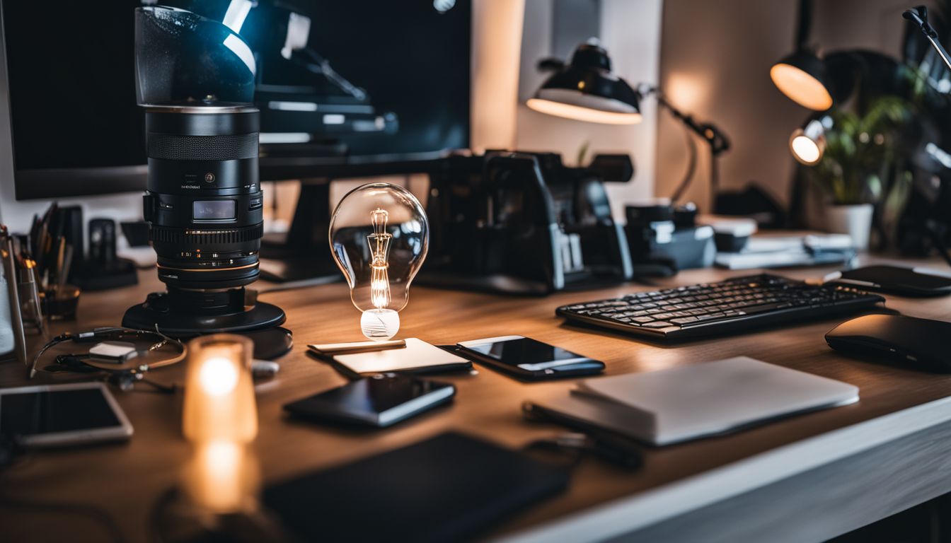 A photo of a desk with a glowing lightbulb and technology.