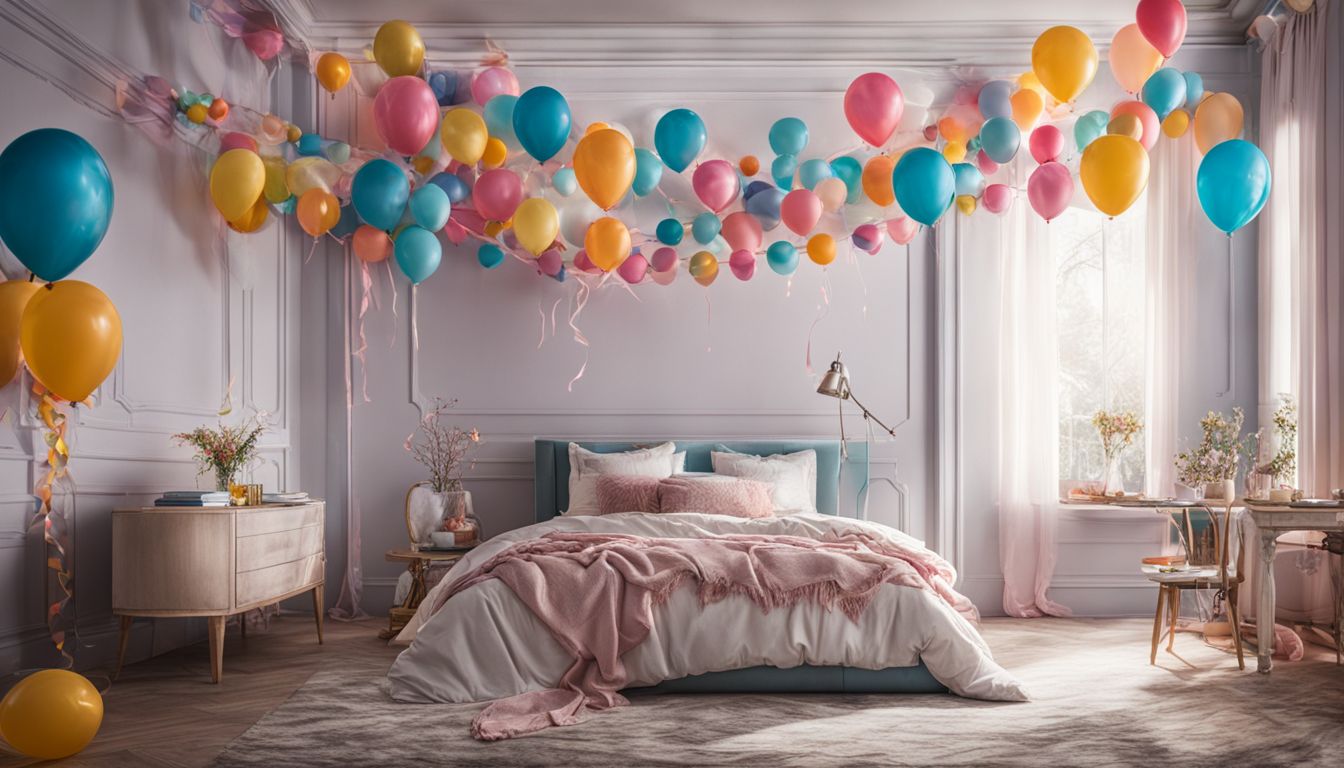 A beautifully decorated birthday bedroom with balloons, streamers, and a banner.