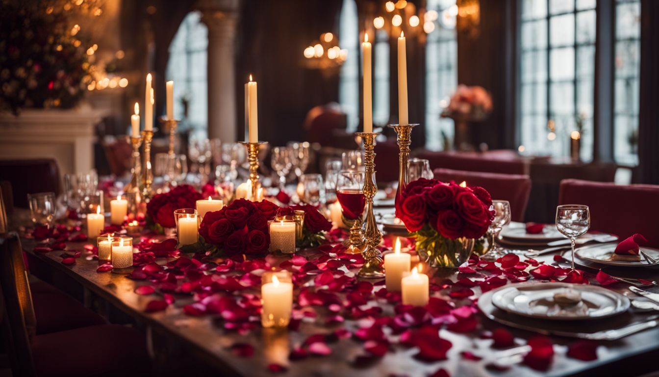 A romantic candlelit dinner with elegant decorations and diverse guests.