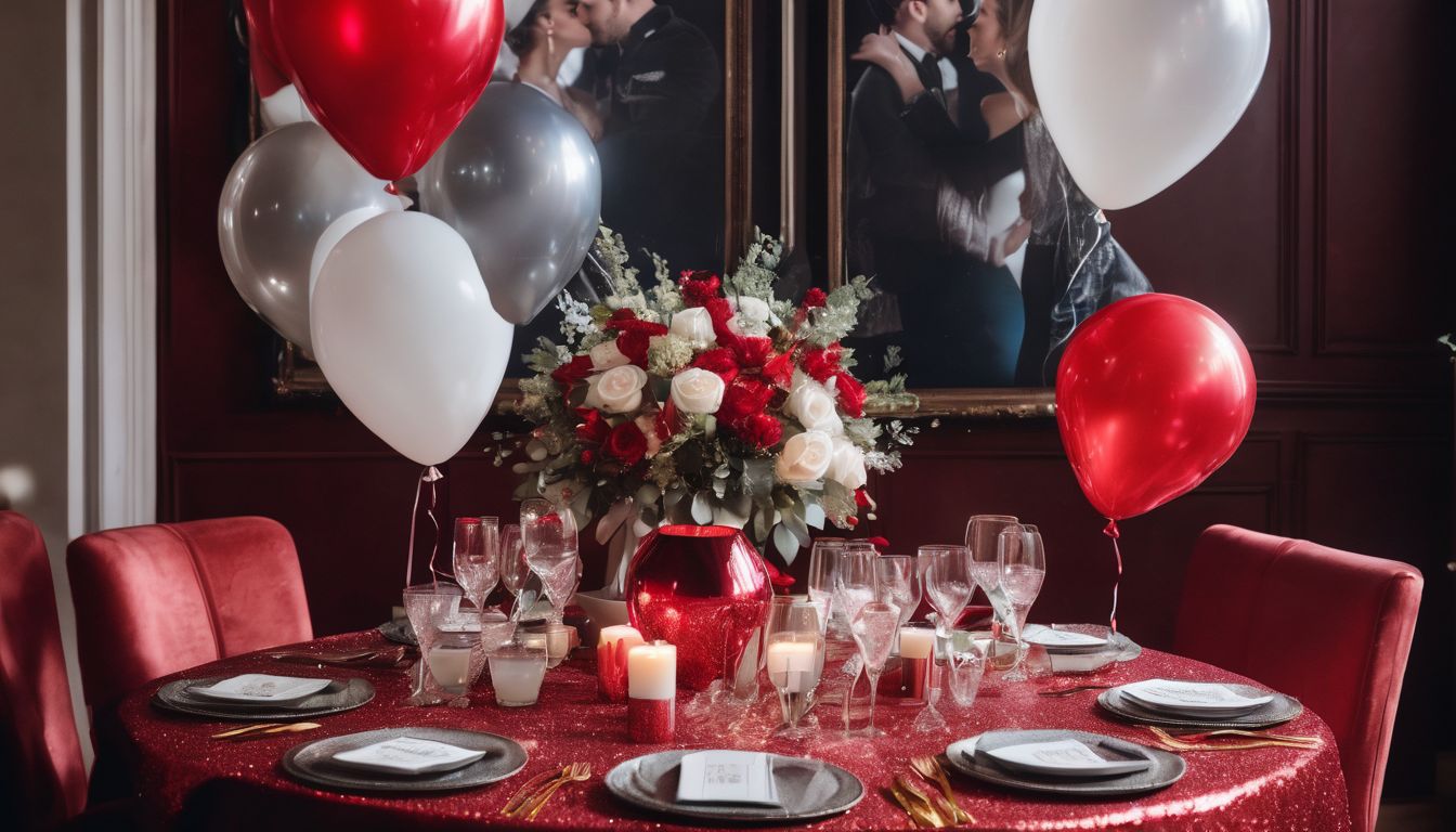Romantic table setup with balloons, photos of couple, and glittery backdrop.