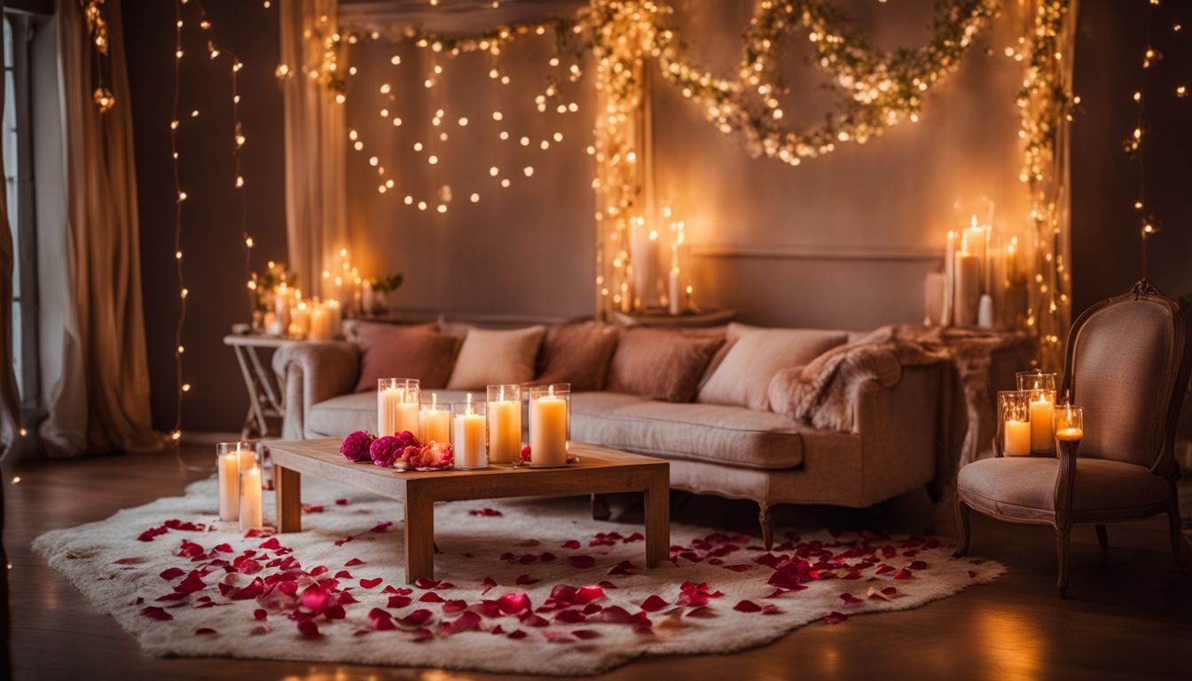 A beautifully decorated romantic room with candles and rose petals.