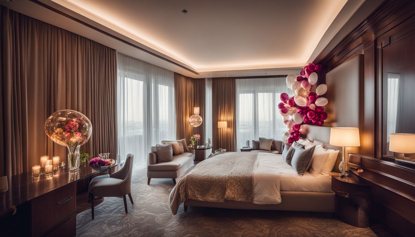 A hotel room beautifully decorated with balloons, flowers, and candles.