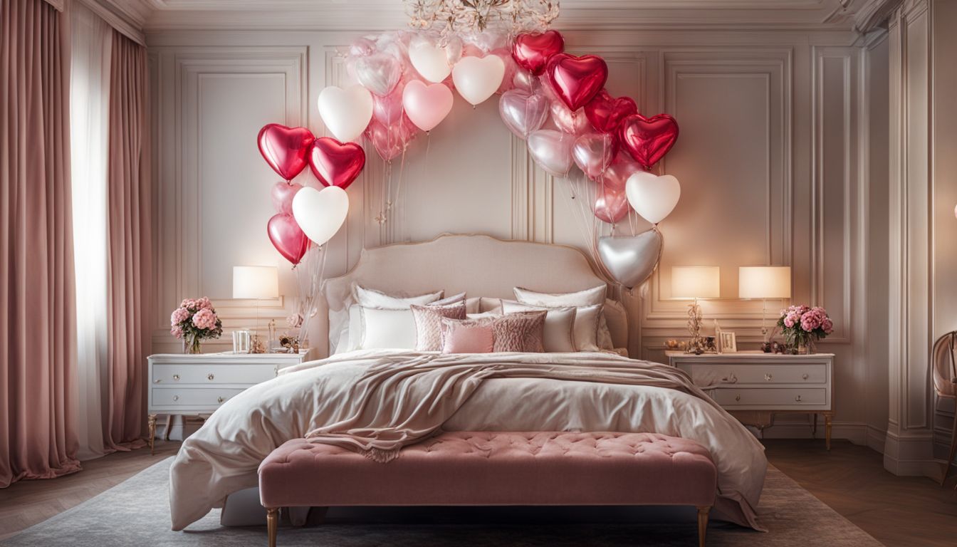 Elegant bedroom with heart-shaped balloons, flowers, and diverse people.