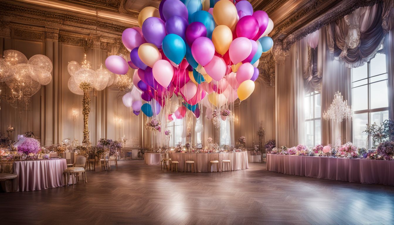 Luxurious party with diverse attendees and colorful balloons.