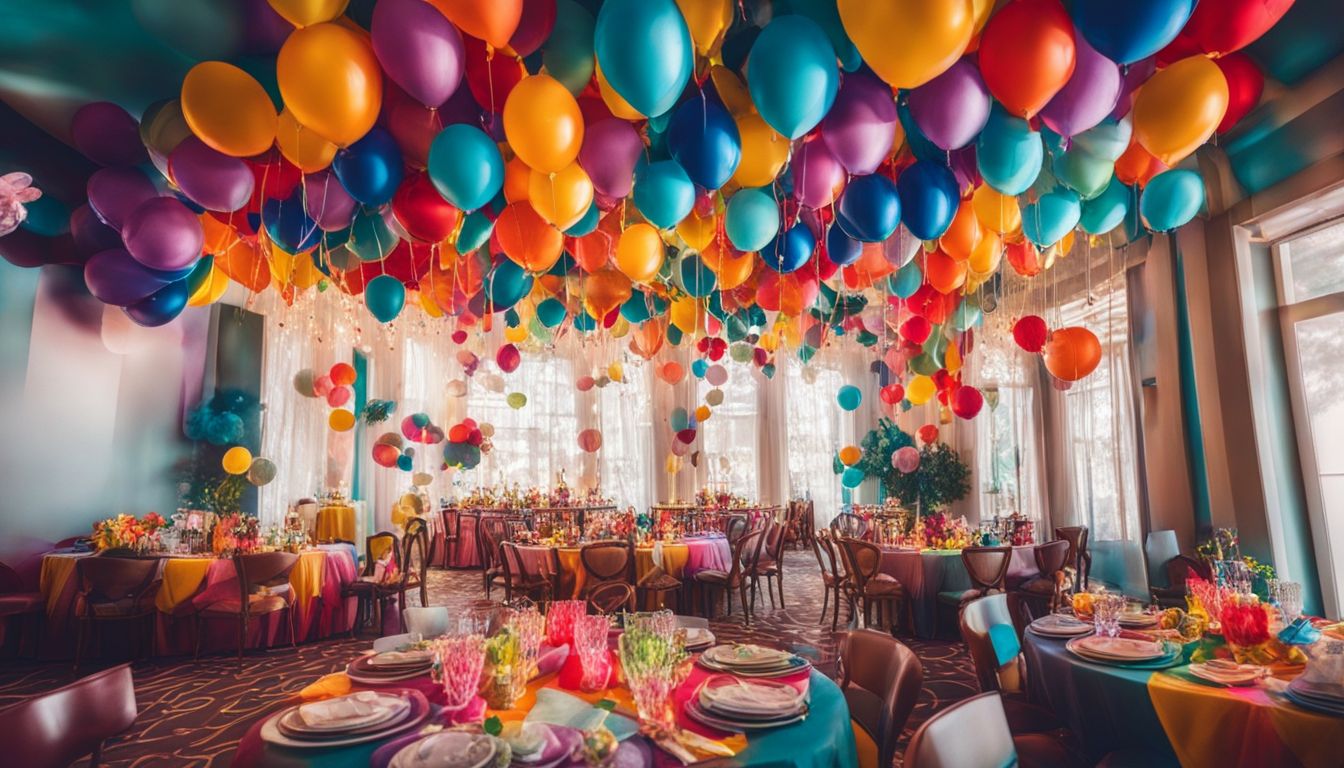 Colorful birthday party room filled with decorations, balloons, and people.