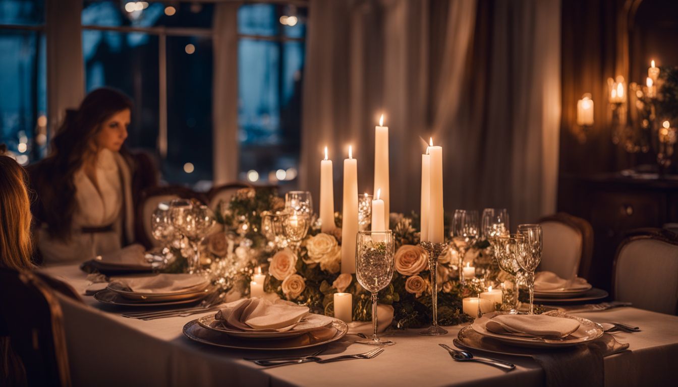 A beautifully set candlelit dinner table with elegant decorations and varied people.