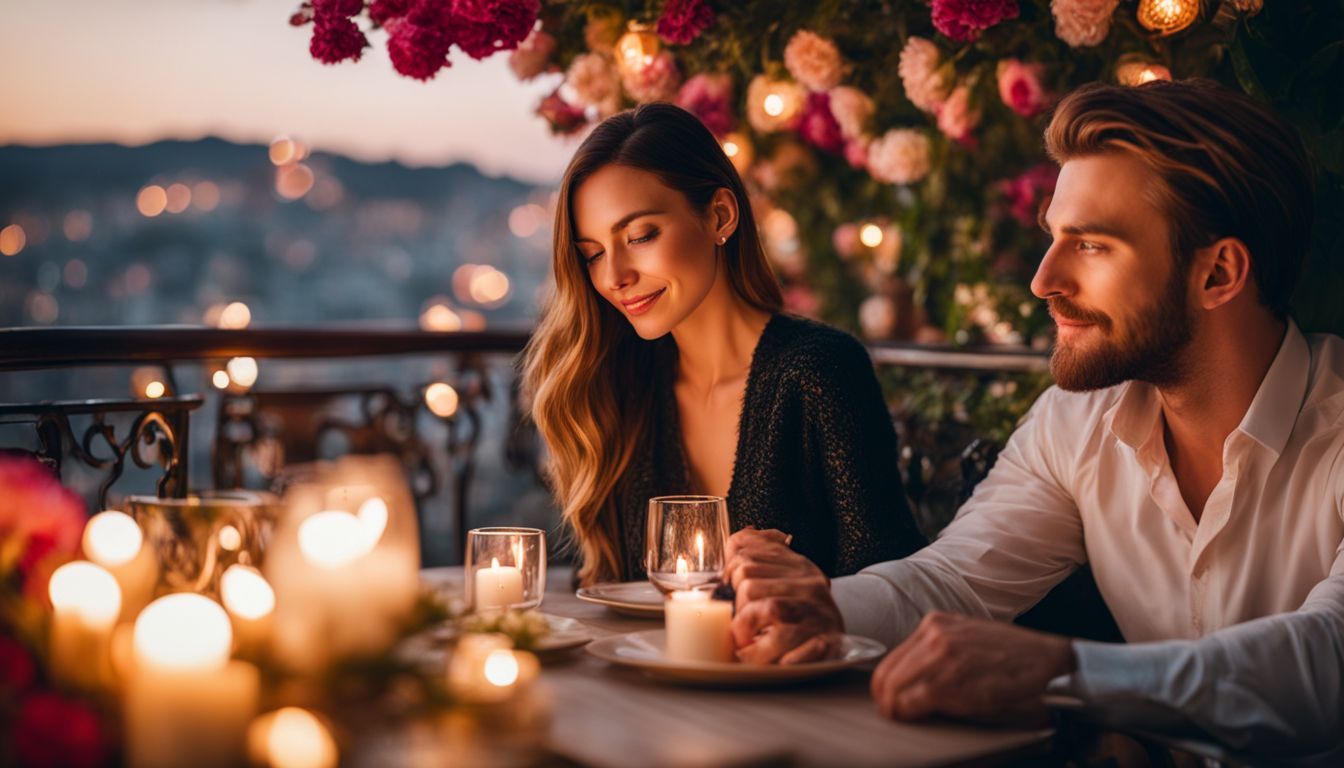 Romantic couple enjoying a beautifully decorated terrace with cityscape backdrop.