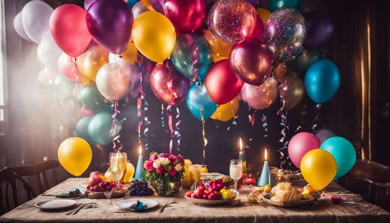 Colorful balloons and festive decorations create a vibrant party atmosphere.