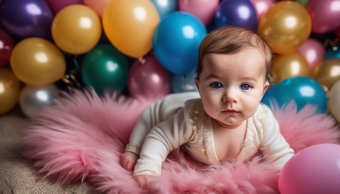 Newborn baby surrounded by colorful balloons, wearing different outfits and hairstyles.