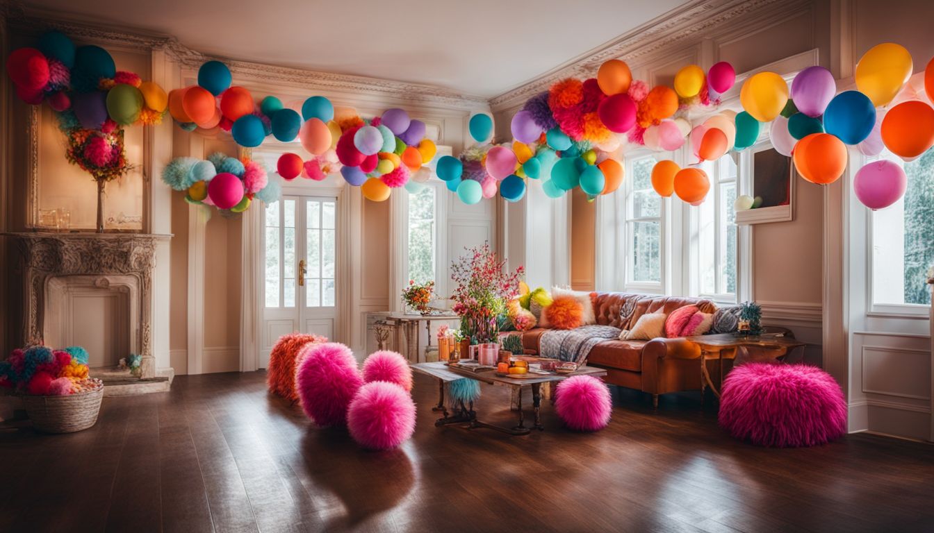 Photo of a colorful room decorated with balloons, lanterns, and pom poms.