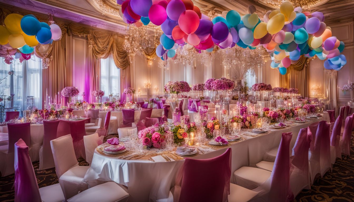 An elegantly decorated party room filled with people and festivities.