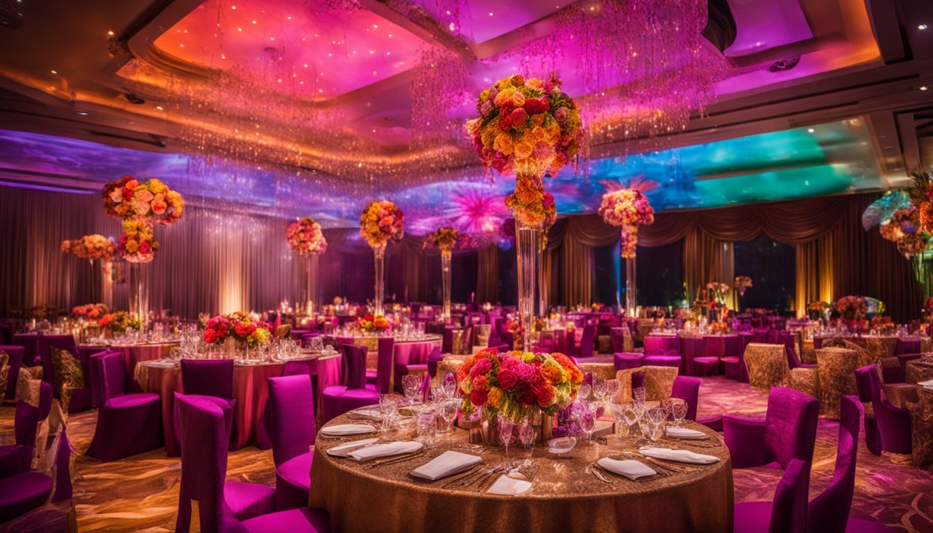 Vibrant and elegantly decorated event venue with diverse attendees.