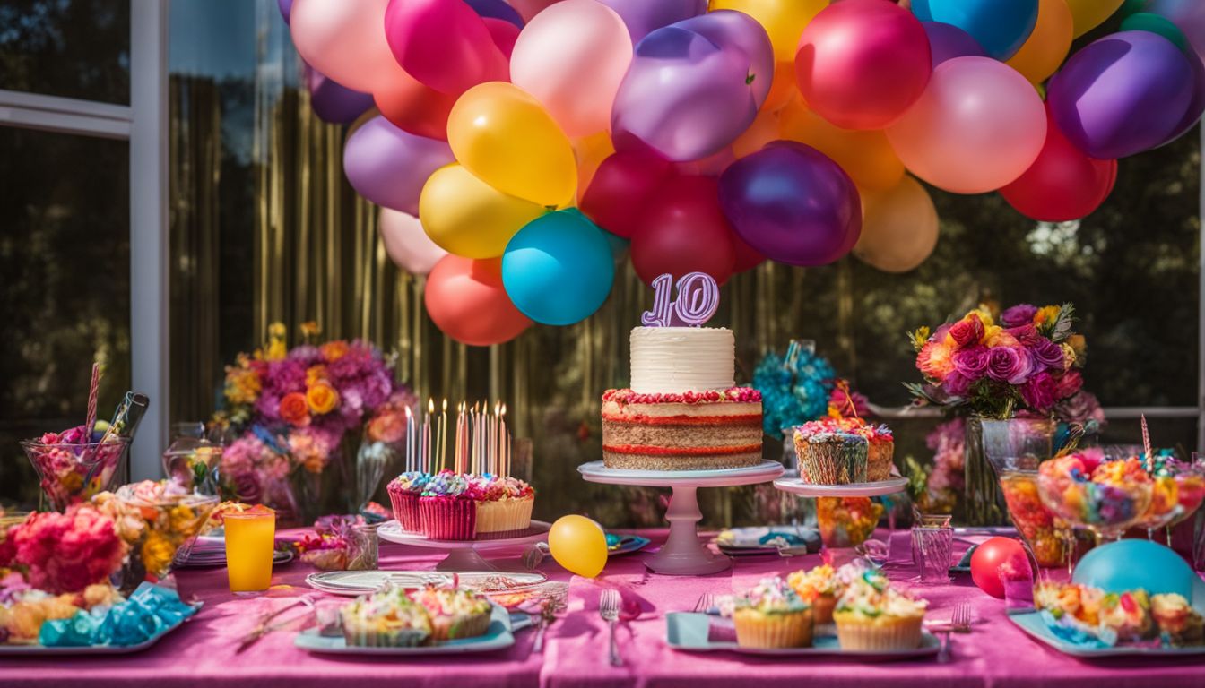 Colorful birthday party table with decorations, balloons, and personalized card.