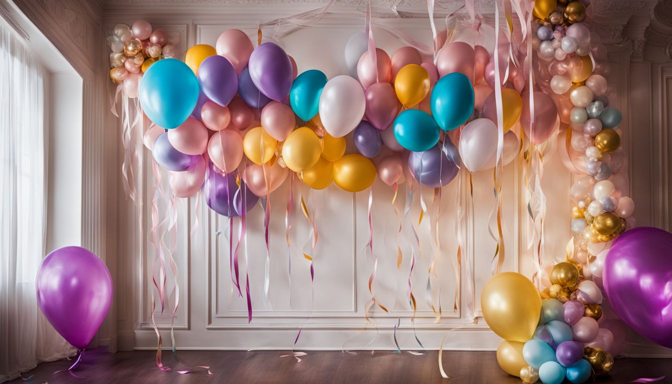 A festive party with balloons, streamers, and diverse attendees.