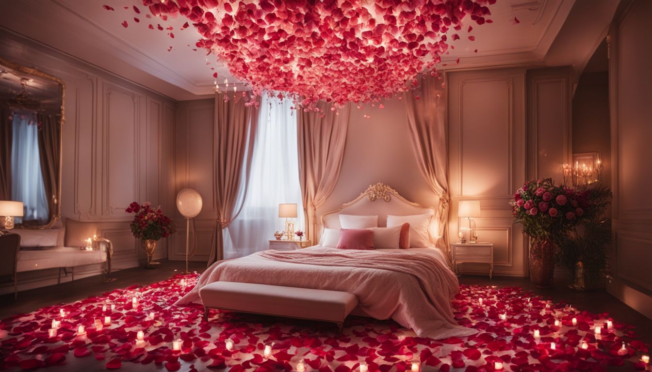 A beautifully decorated bedroom with rose petals and candlelight.