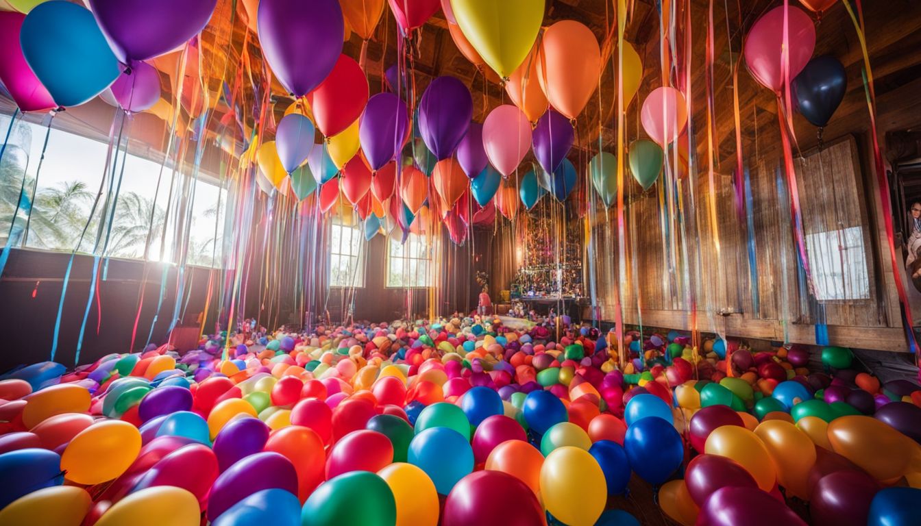 A vibrant room filled with balloons, streamers, and diverse people.