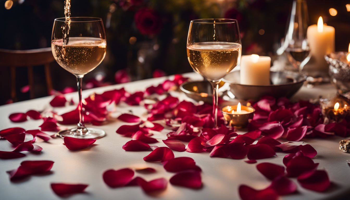 A romantic still life photo with rose petals, champagne, and candles.