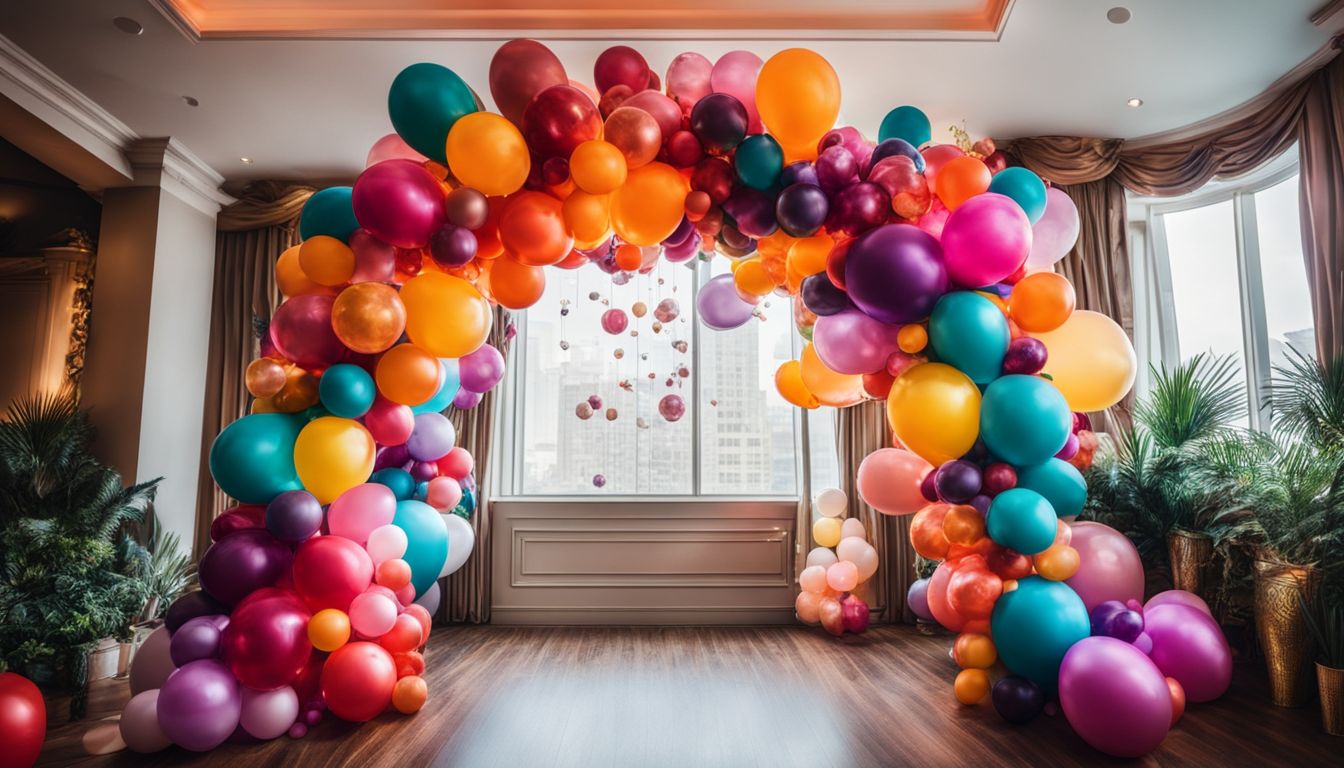 A vibrant party room with balloon arch decorations and diverse people.