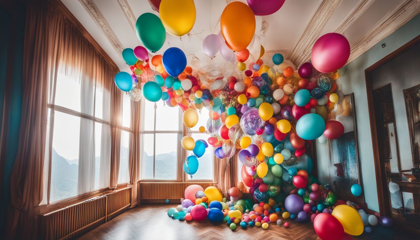 Bustling room with colorful balloon decorations, diverse people, and vibrant atmosphere.