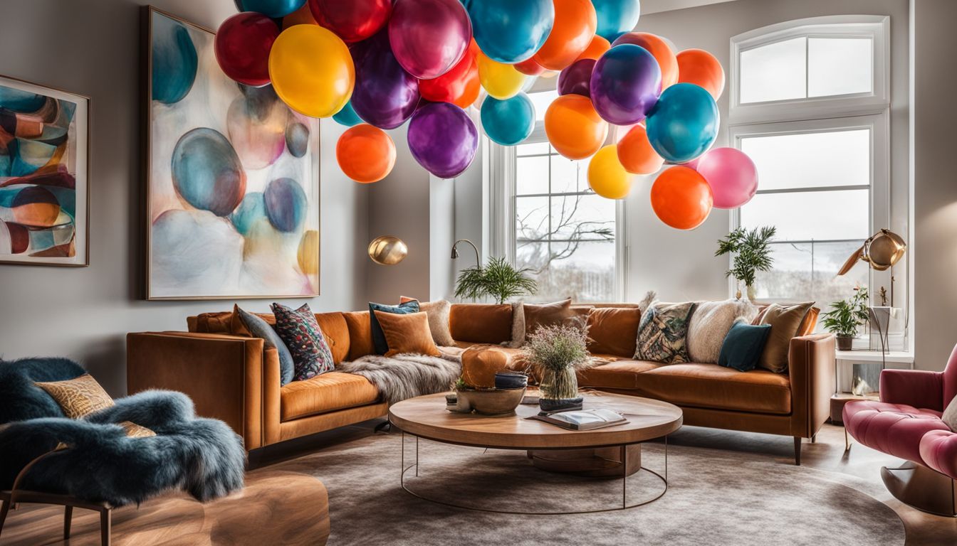 Vibrant balloon wall art installation in modern living room.