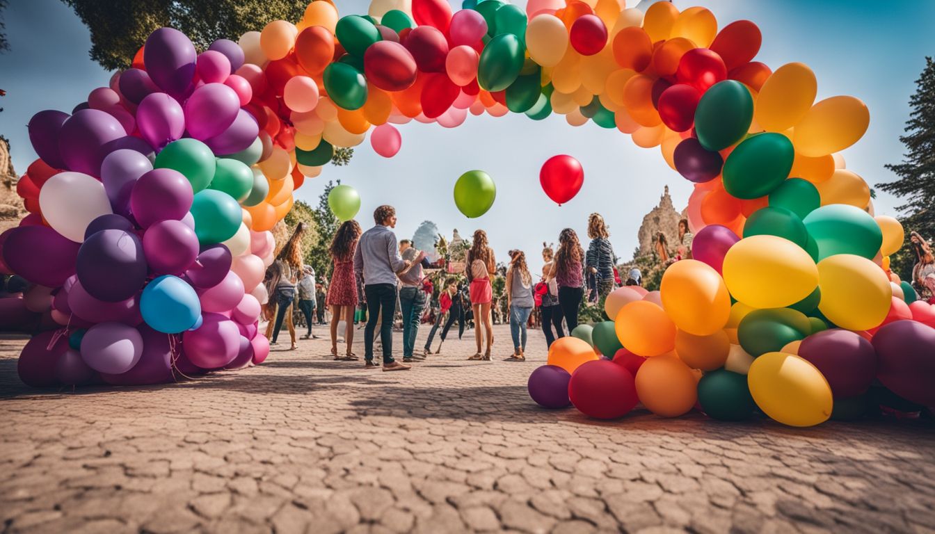 A vibrant balloon arch with diverse people and beautiful surroundings.