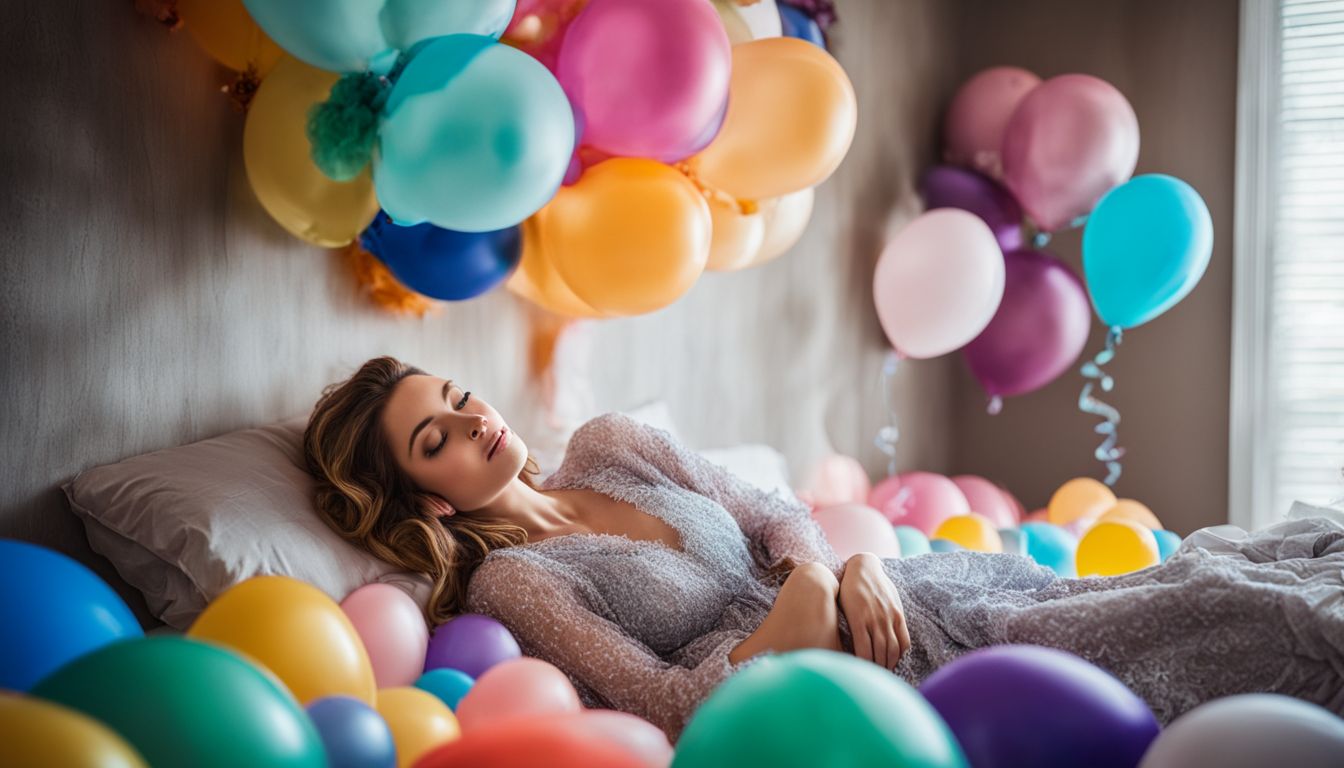 A Caucasian girl surrounded by colorful balloons in a bedroom.