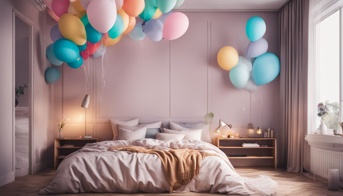 Colorful balloons float above a cozy bedroom with a dreamy atmosphere.