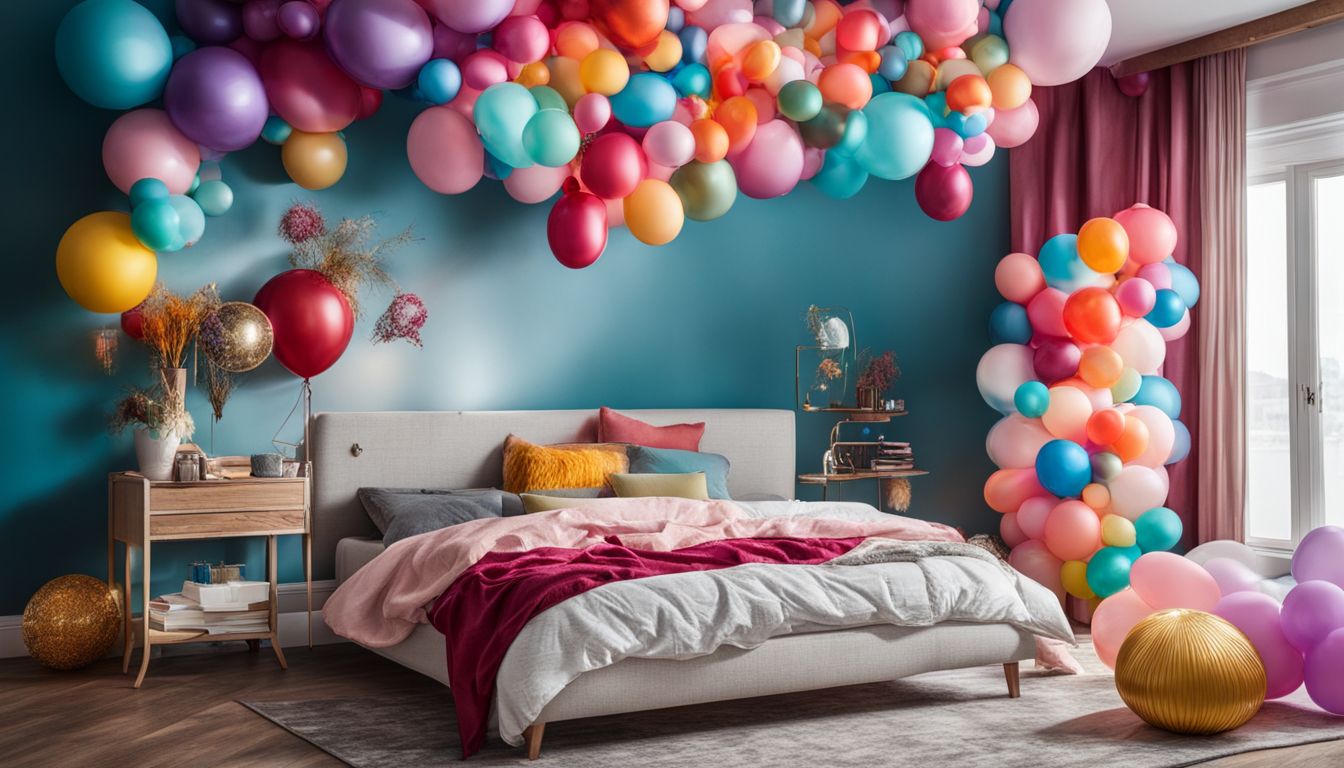 Colorful bedroom with balloon decorations, diverse people with detailed features.
