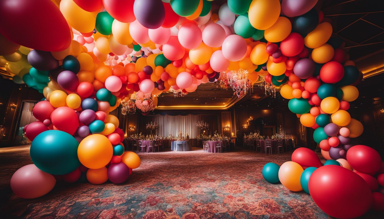 A balloon artist creates a colorful arch at a party venue.