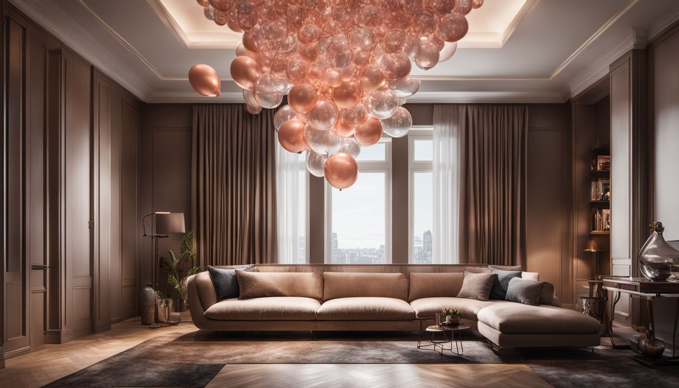 A stylish living room with a unique balloon ceiling installation.