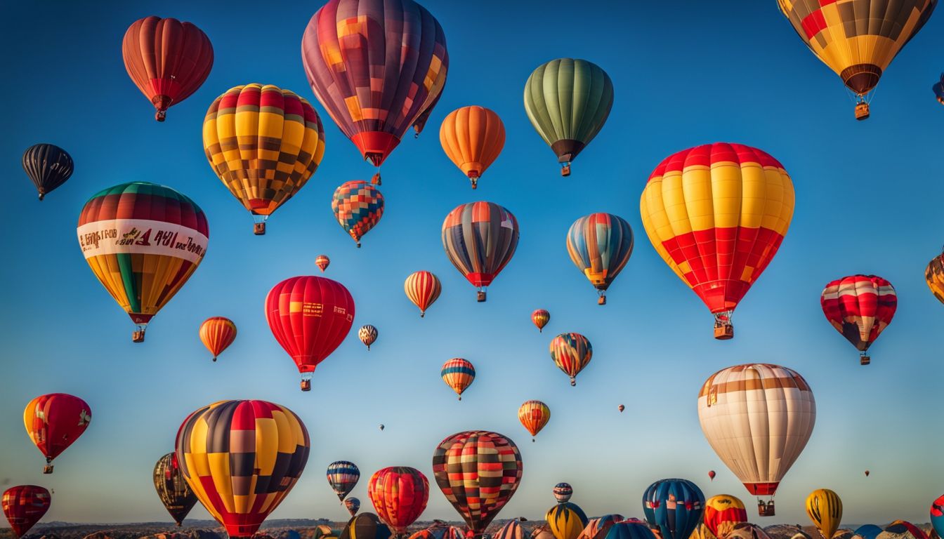 A colorful cluster of hot air balloon decorations floating in the sky.