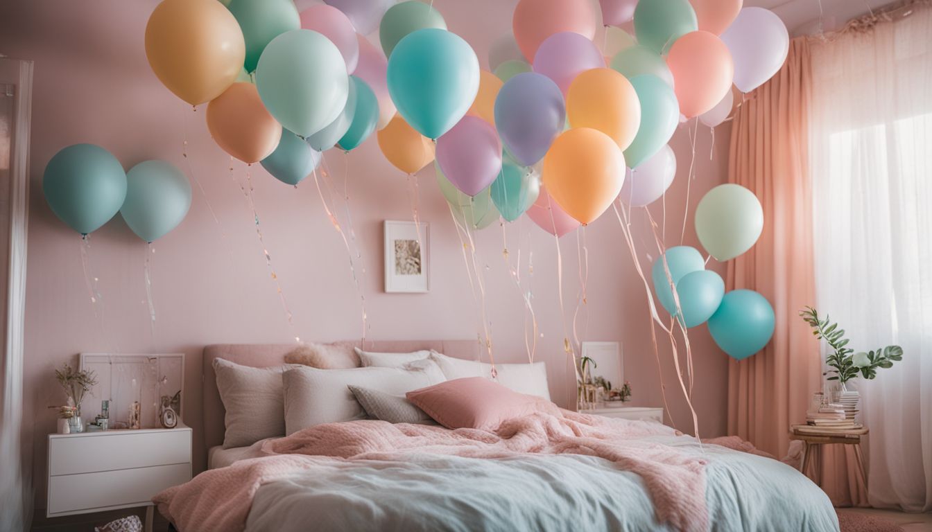 A vibrant photo of personalized balloons in a dreamy bedroom.