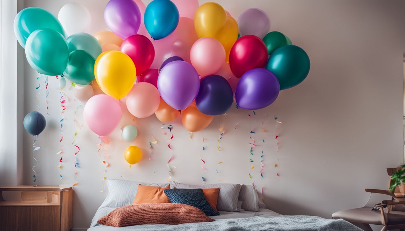 Close-up of colorful balloons in a vibrant bedroom with various styles.
