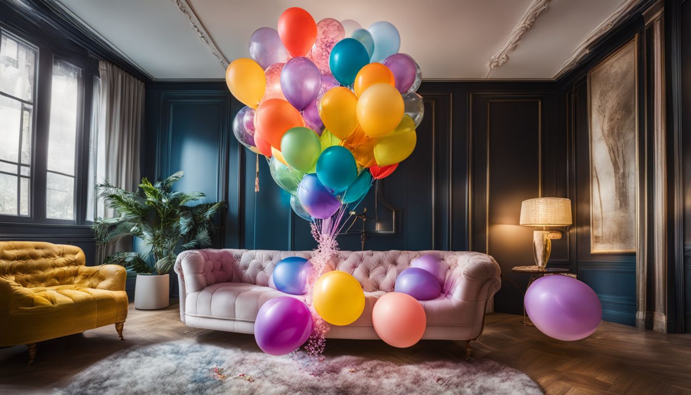 Colorful balloon bouquet in a whimsical room with diverse people.