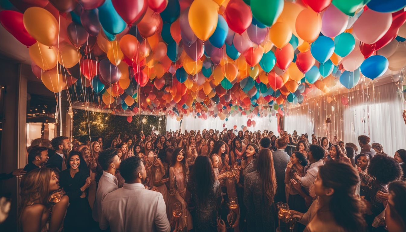 A lively party with colorful balloons and diverse people wearing different outfits.
