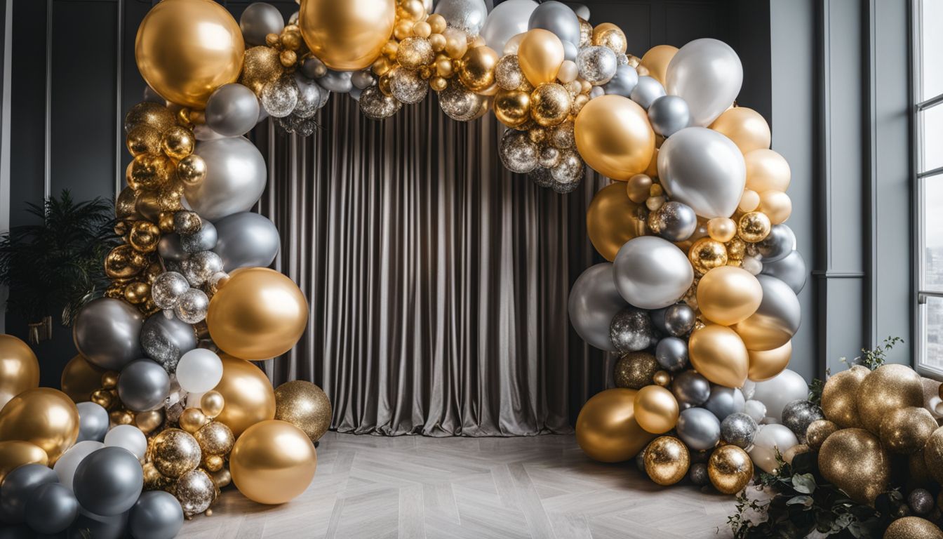 A glamorous balloon arch with stylish people in various looks.
