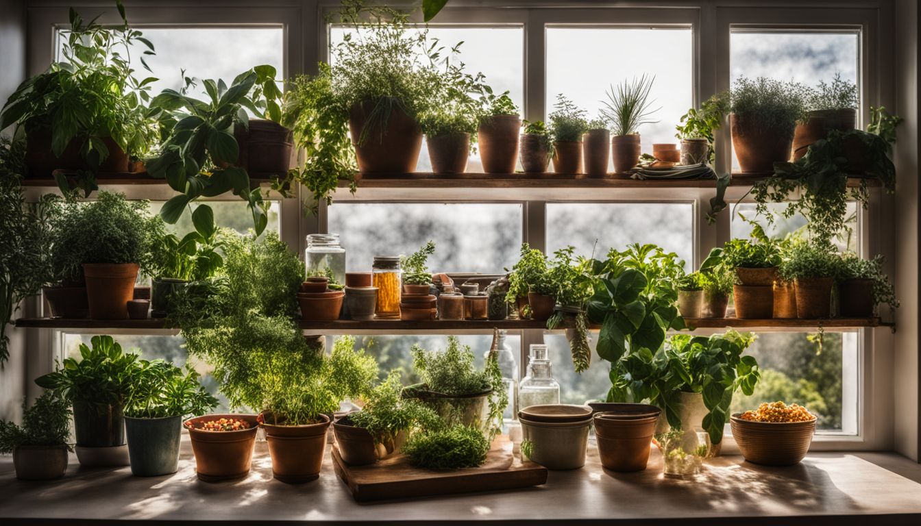 Thriving plants and herbs in a well-lit kitchen window scene.