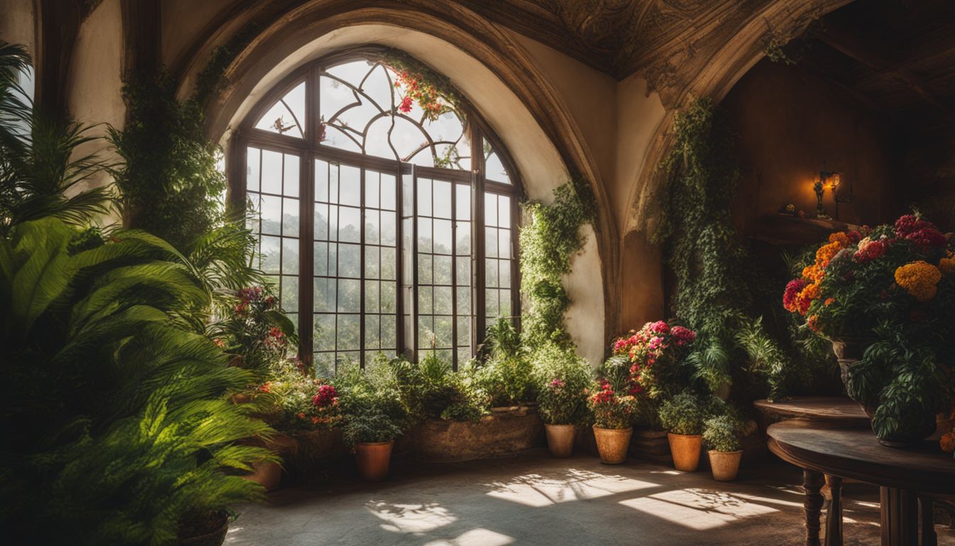 Vibrant, diverse faces and outfits in a nature-filled arched window scene.