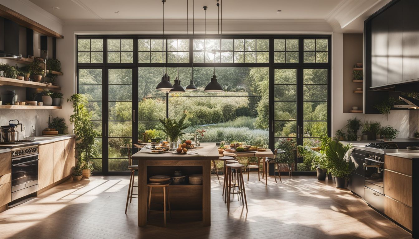 A vibrant kitchen with a garden view, featuring diverse people and styles.