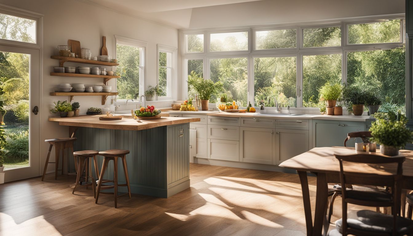 A vibrant kitchen with a garden view and diverse people.