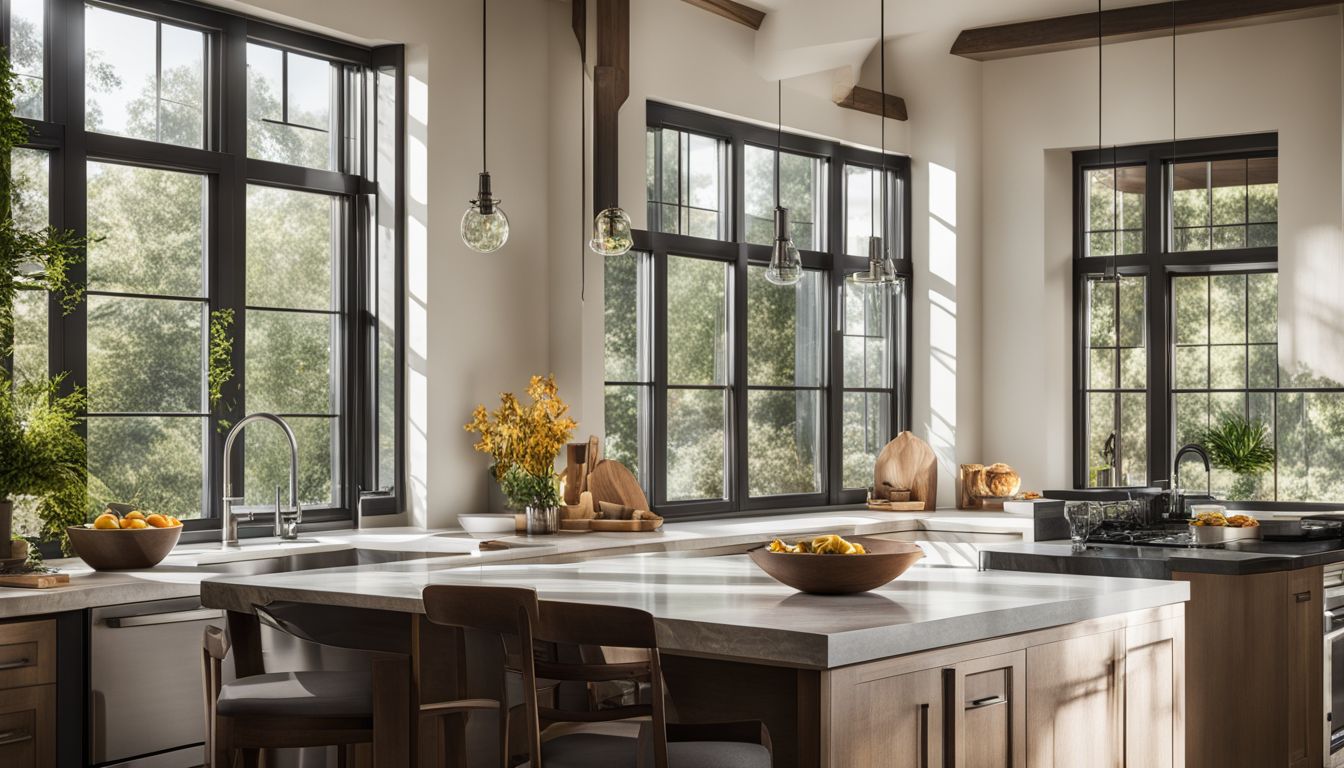 Double-hung windows in a modern kitchen with natural lighting and varied people.