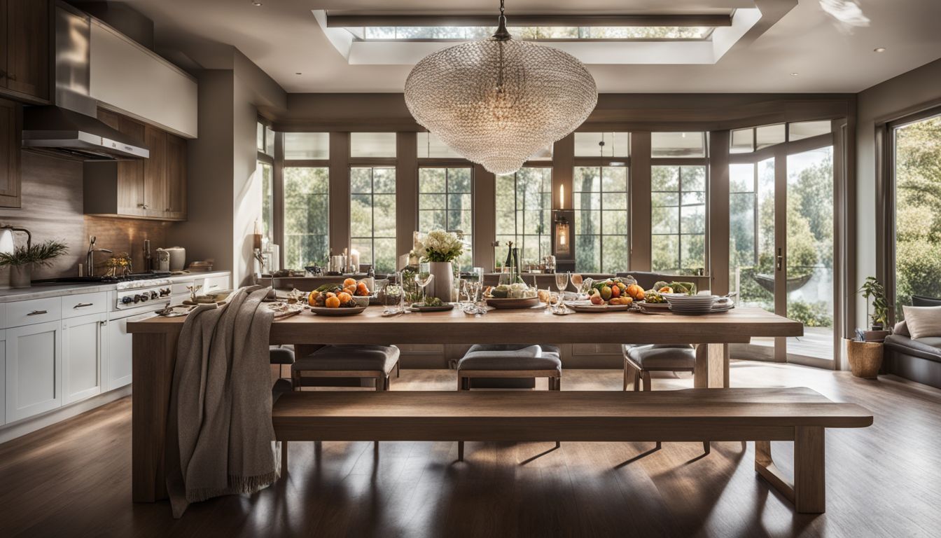 A well-lit kitchen with a beautifully set dining table.