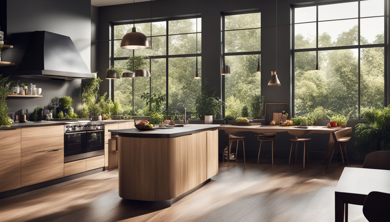 A modern kitchen overlooking a lush garden with diverse people.